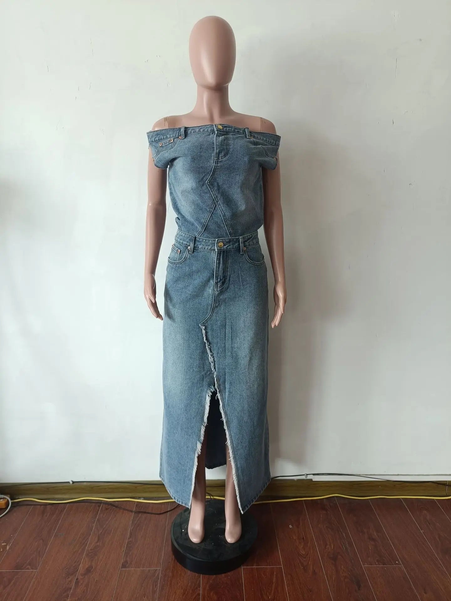 IMIEMIE Retro Denim Skirt Suit Two Piece Sets Women Summer Sleeveless Top High Waist Long Skirt Split End Ladies Street Wear Clothes