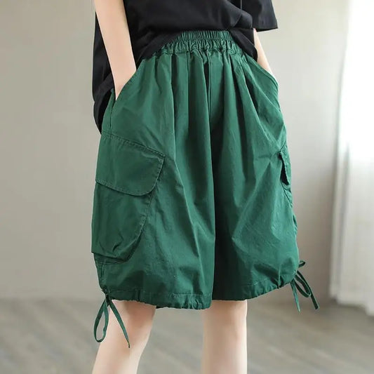 IMIEMIE Retro Drawstring Women's 2024 Summer New Patchwork Elasticized High-waisted Pocket Fashion Solid Casual Loose Wide Leg Shorts