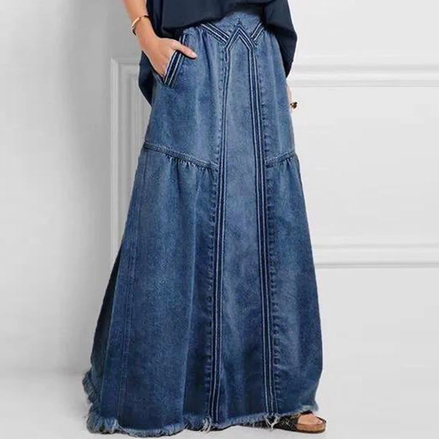 IMIEMIE Retro High Waisted Denim Skirt Women's Casual A-Line Maxi Skirt Retro Raw Edge Y2k Female Clothing Korean Style Jean Skirts 청치마