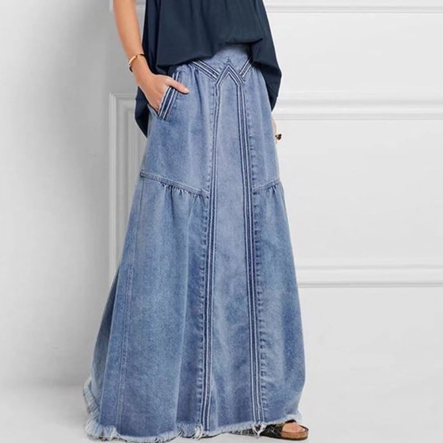 IMIEMIE Retro High Waisted Denim Skirt Women's Casual A-Line Maxi Skirt Retro Raw Edge Y2k Female Clothing Korean Style Jean Skirts 청치마