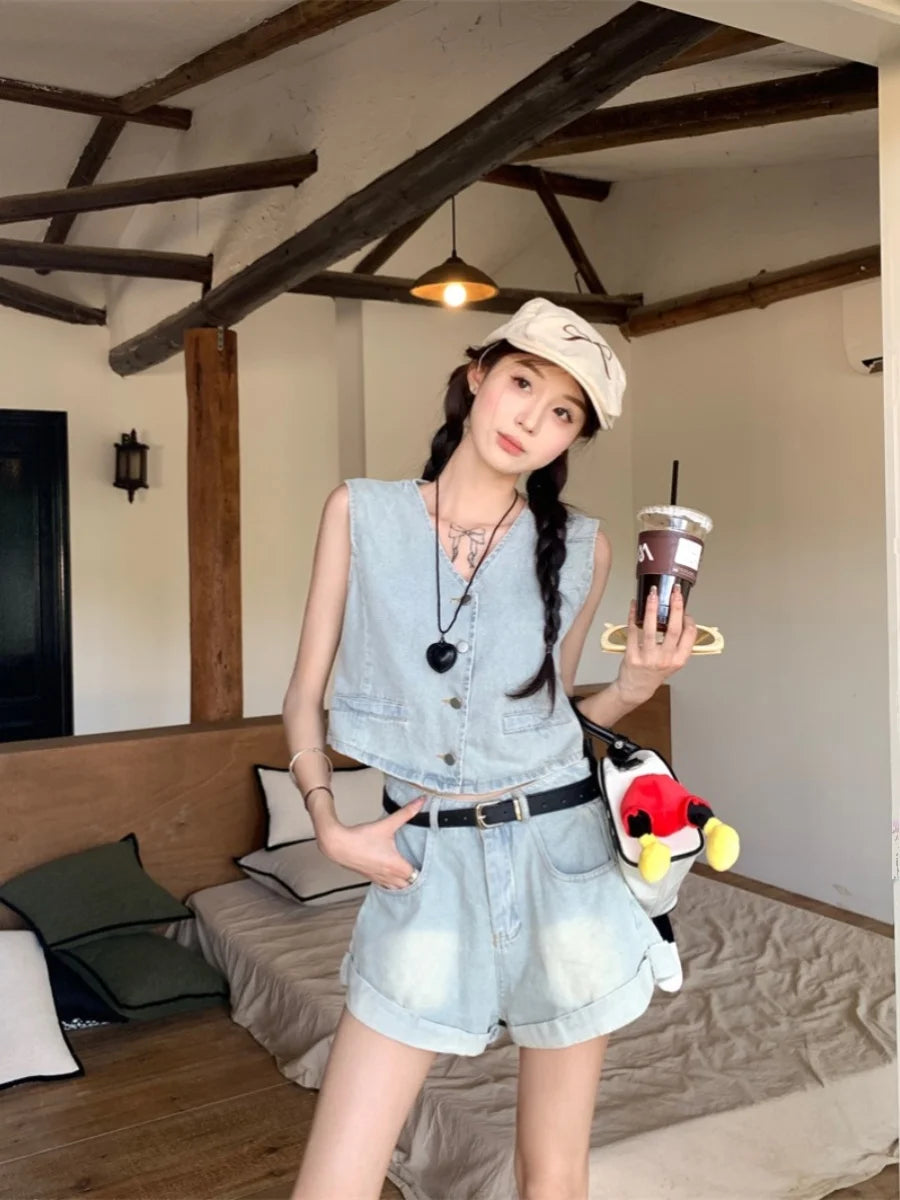 IMIEMIE Retro Summer New Women Two Piece Sets Sexy Hot Girls Denim Short Vest Tops + High Waist Wide Leg Shorts Female Outfit Streetwear