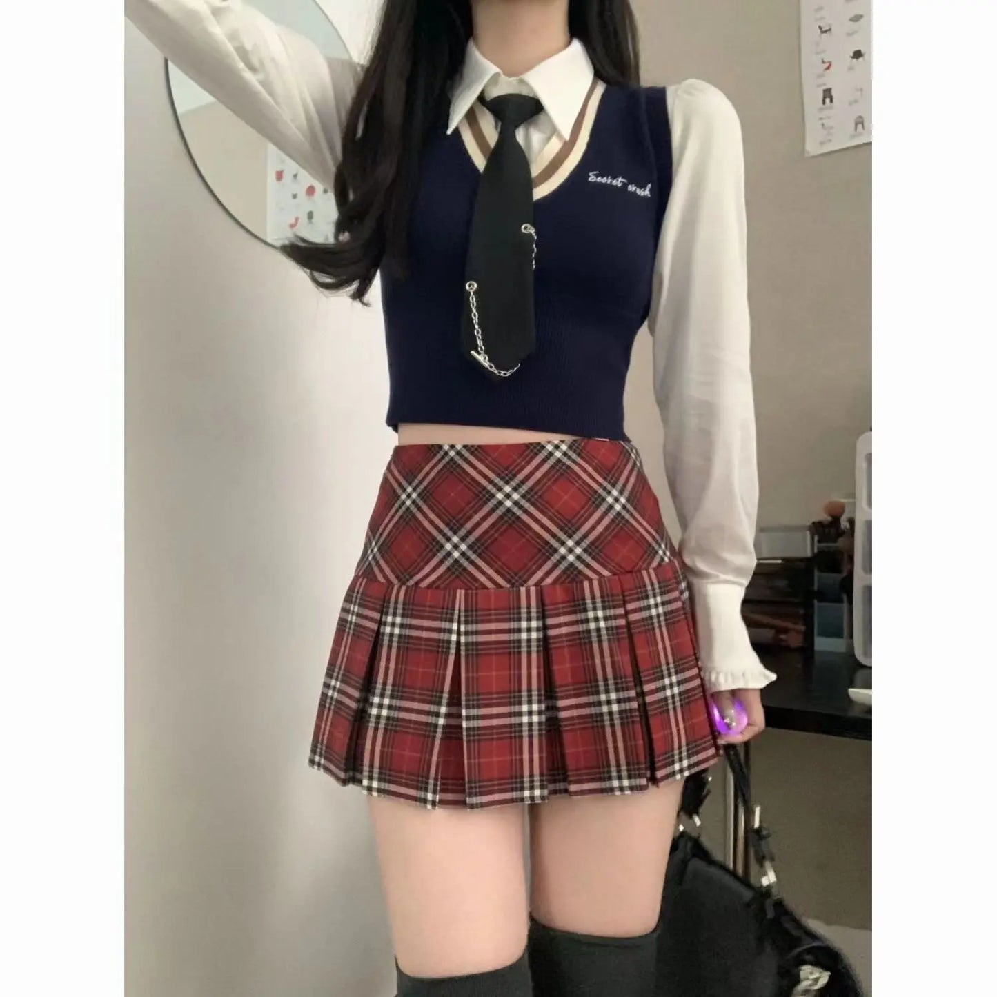 IMIEMIE Retro college style red plaid pleated skirt half skirt for women summer high waisted slimming jk short skirt