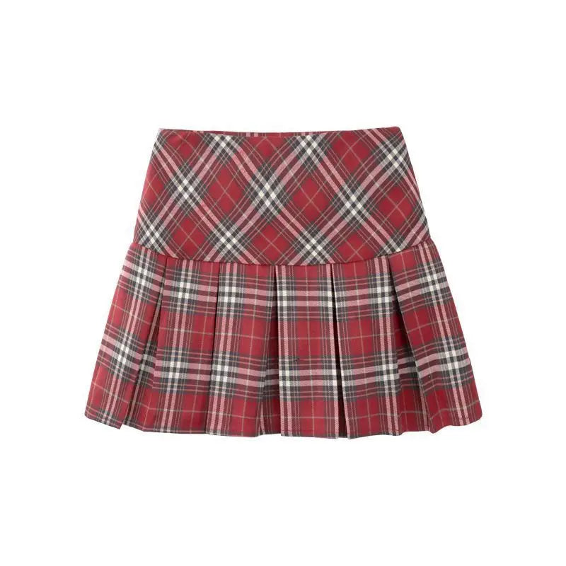 IMIEMIE Retro college style red plaid pleated skirt half skirt for women summer high waisted slimming jk short skirt