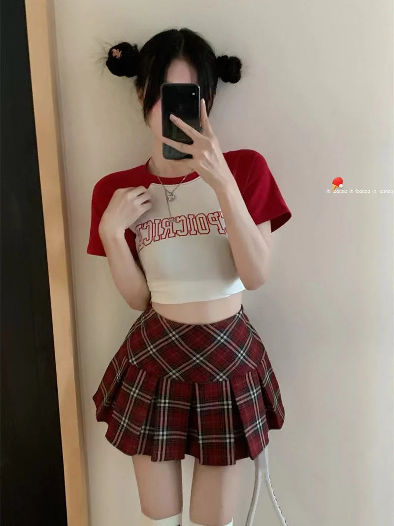 IMIEMIE Retro college style red plaid pleated skirt half skirt for women summer high waisted slimming jk short skirt