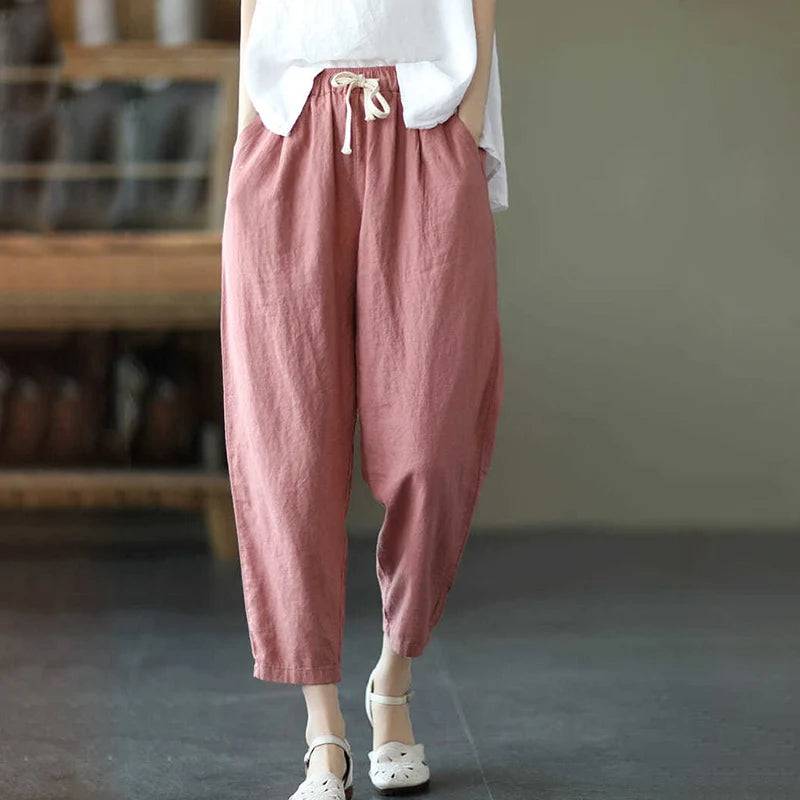 IMIEMIE Rimocy 2024 Summer Casual Cotton Linen Pants Women Retro Pockets Loose Harem Pants Woman Solid Elastic Waist Trousers Female