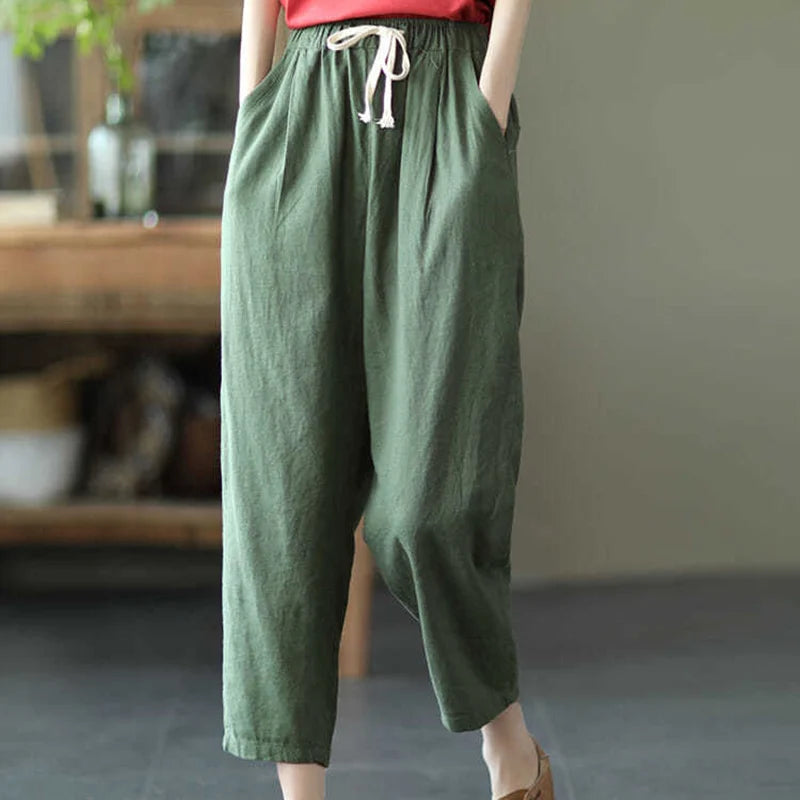 IMIEMIE Rimocy 2024 Summer Casual Cotton Linen Pants Women Retro Pockets Loose Harem Pants Woman Solid Elastic Waist Trousers Female