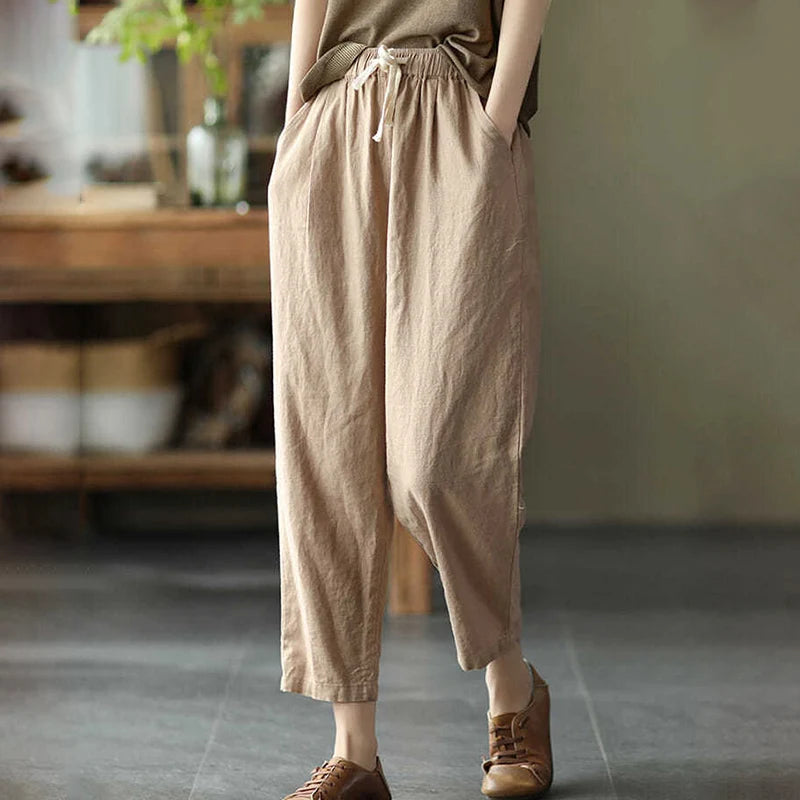 IMIEMIE Rimocy 2024 Summer Casual Cotton Linen Pants Women Retro Pockets Loose Harem Pants Woman Solid Elastic Waist Trousers Female