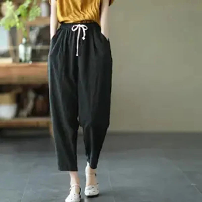 IMIEMIE Rimocy 2024 Summer Casual Cotton Linen Pants Women Retro Pockets Loose Harem Pants Woman Solid Elastic Waist Trousers Female