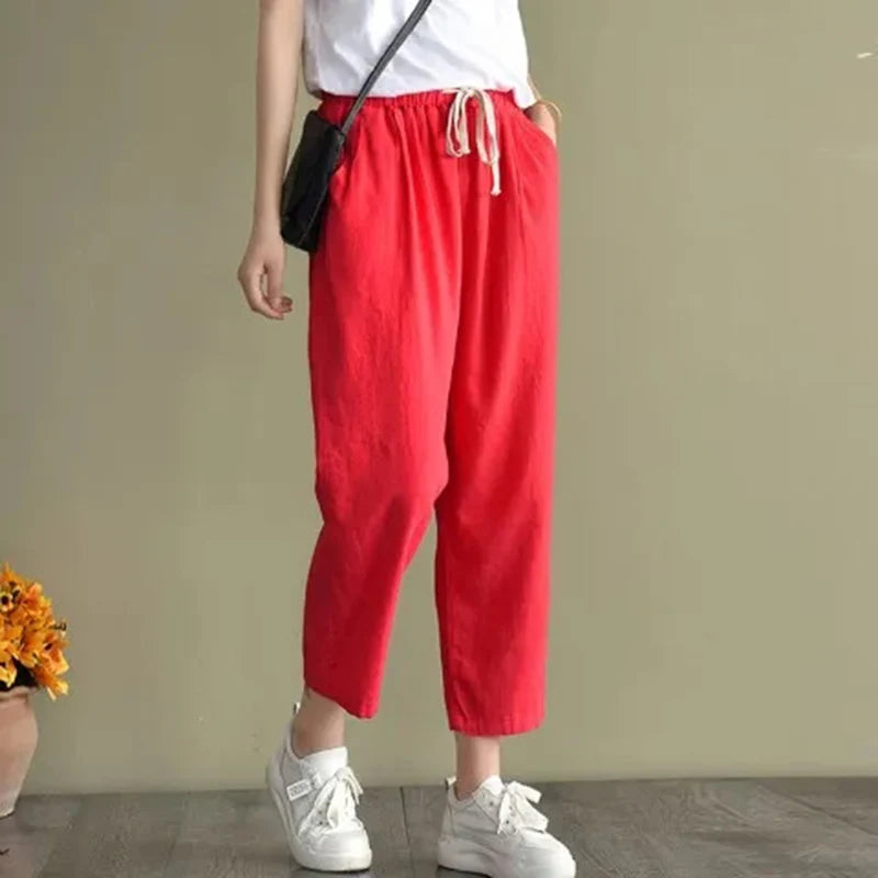 IMIEMIE Rimocy 2024 Summer Casual Cotton Linen Pants Women Retro Pockets Loose Harem Pants Woman Solid Elastic Waist Trousers Female