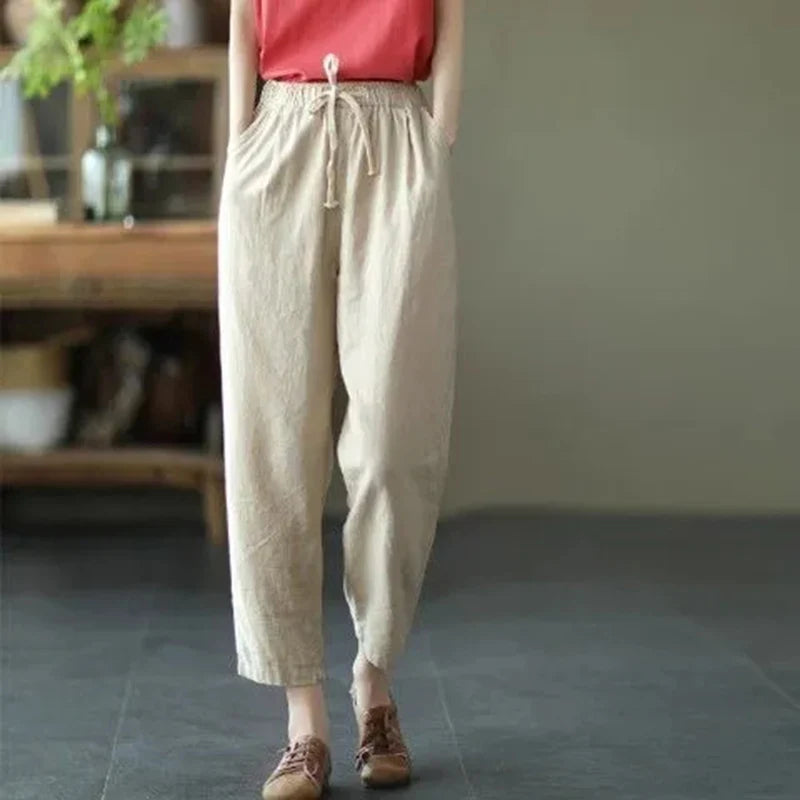 IMIEMIE Rimocy 2024 Summer Casual Cotton Linen Pants Women Retro Pockets Loose Harem Pants Woman Solid Elastic Waist Trousers Female