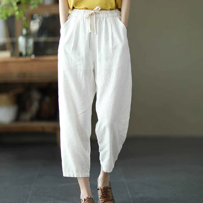 IMIEMIE Rimocy 2024 Summer Casual Cotton Linen Pants Women Retro Pockets Loose Harem Pants Woman Solid Elastic Waist Trousers Female