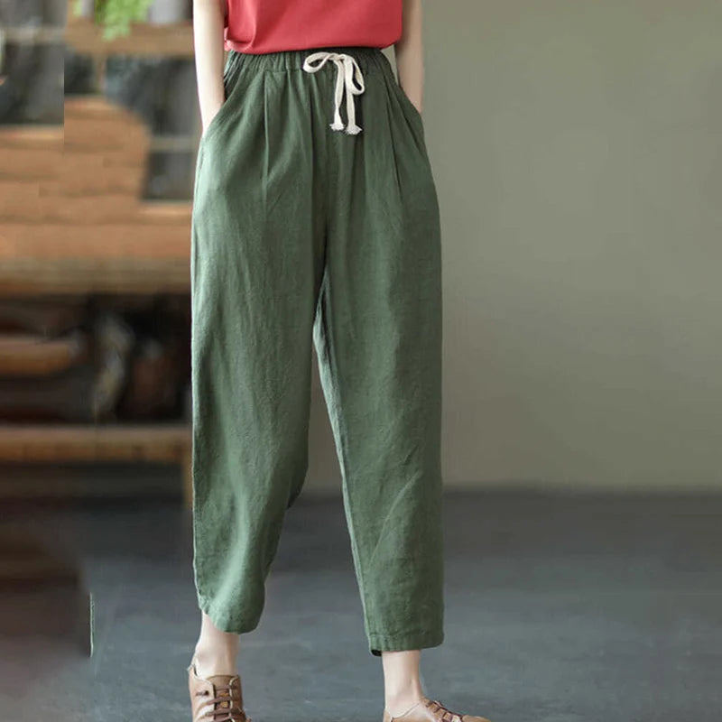 IMIEMIE Rimocy 2024 Summer Casual Cotton Linen Pants Women Retro Pockets Loose Harem Pants Woman Solid Elastic Waist Trousers Female