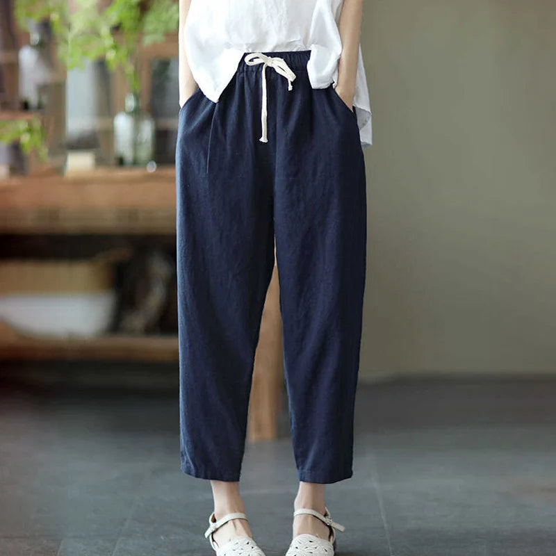 IMIEMIE Rimocy 2024 Summer Casual Cotton Linen Pants Women Retro Pockets Loose Harem Pants Woman Solid Elastic Waist Trousers Female