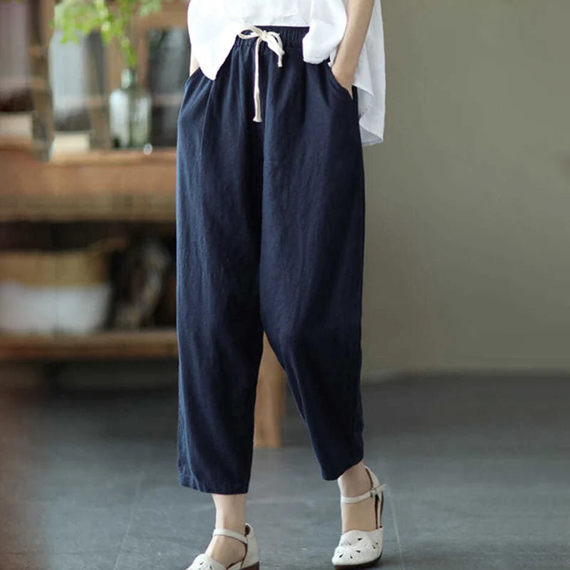 IMIEMIE Rimocy 2024 Summer Casual Cotton Linen Pants Women Retro Pockets Loose Harem Pants Woman Solid Elastic Waist Trousers Female