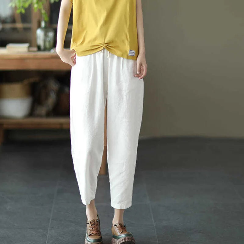 IMIEMIE Rimocy 2024 Summer Casual Cotton Linen Pants Women Retro Pockets Loose Harem Pants Woman Solid Elastic Waist Trousers Female