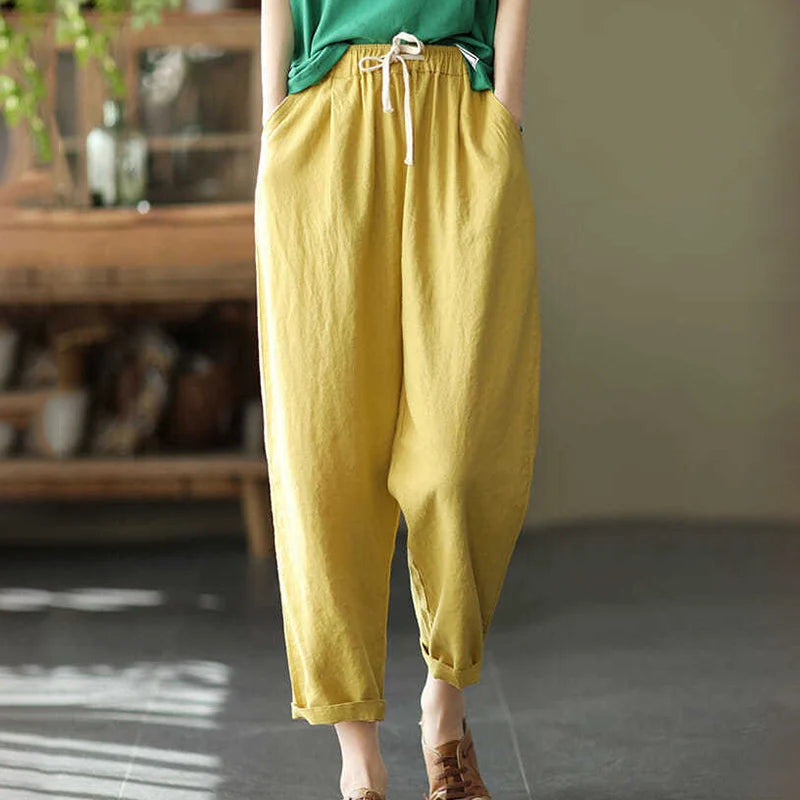 IMIEMIE Rimocy 2024 Summer Casual Cotton Linen Pants Women Retro Pockets Loose Harem Pants Woman Solid Elastic Waist Trousers Female