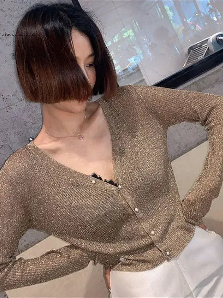 IMIEMIE Rin Confa Pearl Button Women's Bright Silk Thin Sweater Coat Sexy V-Neck Knitted Sweater Top Gold and Silver Knitted Cardigan