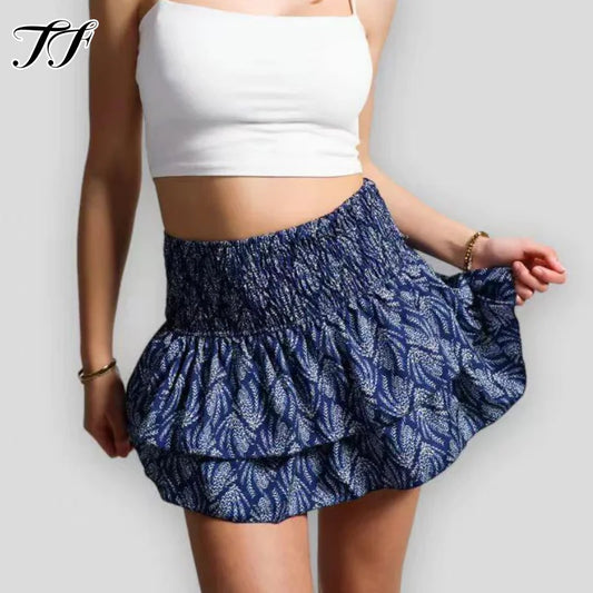 IMIEMIE Ruffle Edge Printed Skirt Women Fashion New Floral Pleated Short Skirt Female Vacation Boho Miniskirt Sexy Girl Y2k Skirts Mujer