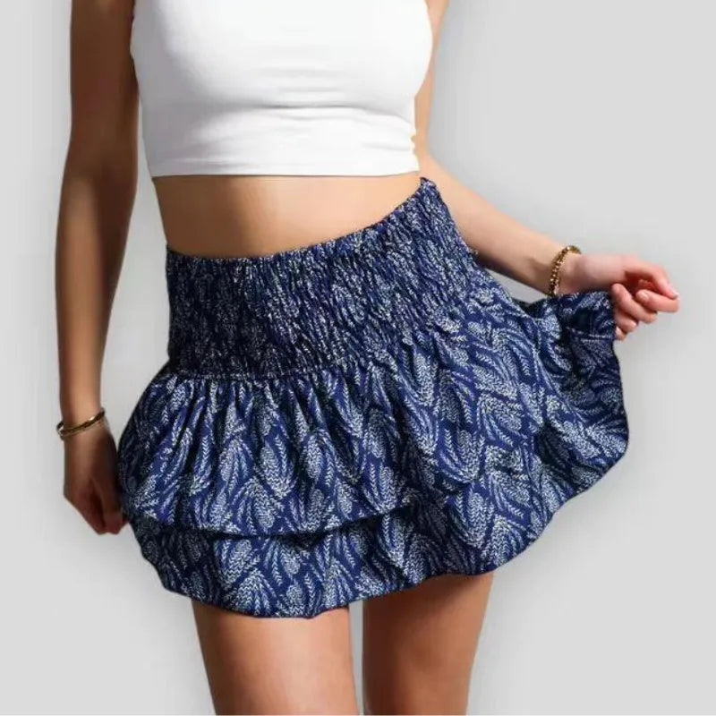 IMIEMIE Ruffle Edge Printed Skirt Women Fashion New Floral Pleated Short Skirt Female Vacation Boho Miniskirt Sexy Girl Y2k Skirts Mujer