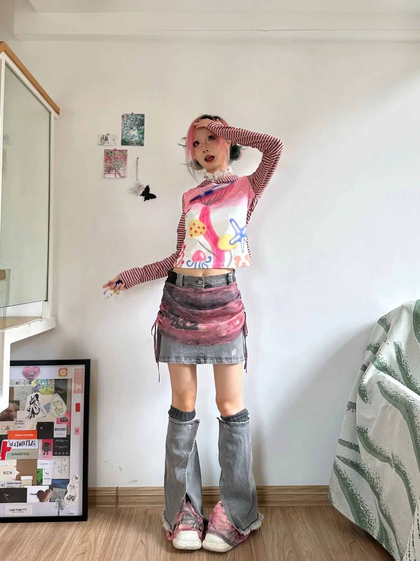 IMIEMIE Summer Women Harajuku Mini Denim Skirt Mesh Patchwork Gyaru Coquette 2000s Kpop Japanese Y2k Streetwear Korean Grunge Cyber Punk