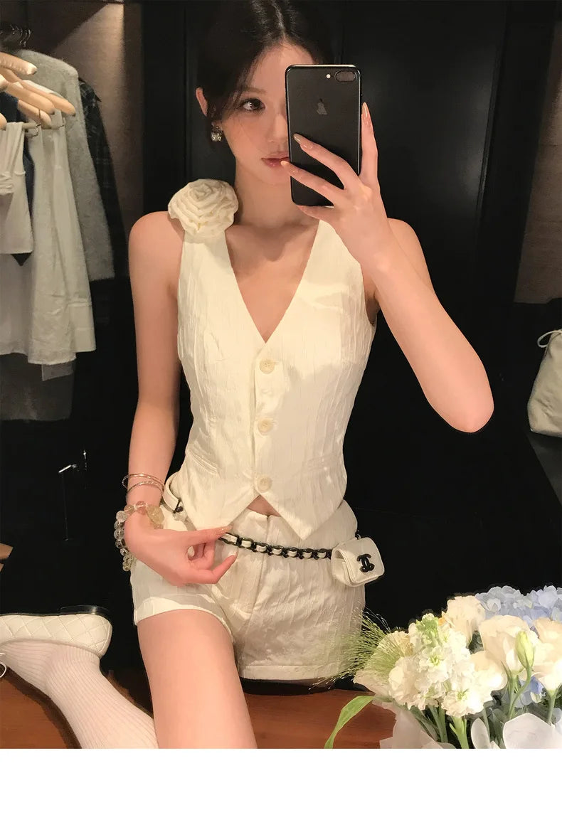 IMIEMIE Sweet Hot Girl Casual Suit Women's Summer V-neck Single Breasted Vest High Waisted Shorts Two-piece Set Fashion Female Clothes