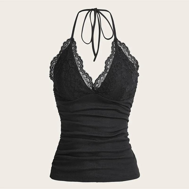 IMIEMIE Goth Grunge Punk Black Lace Patchwork Halter Top Women Summer Solid Ruched Backless Sleeveless Tank Top Streetwear Y2K Clothes