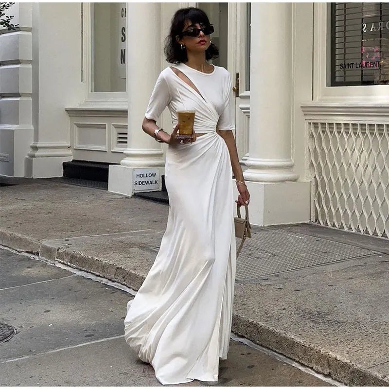 IMIEMIE Fashion O-neck Pleated Cut Out Long Dress Women Elegant Short Sleeve High Waist White Maxi Dresses Female 2024 Party Streetwear