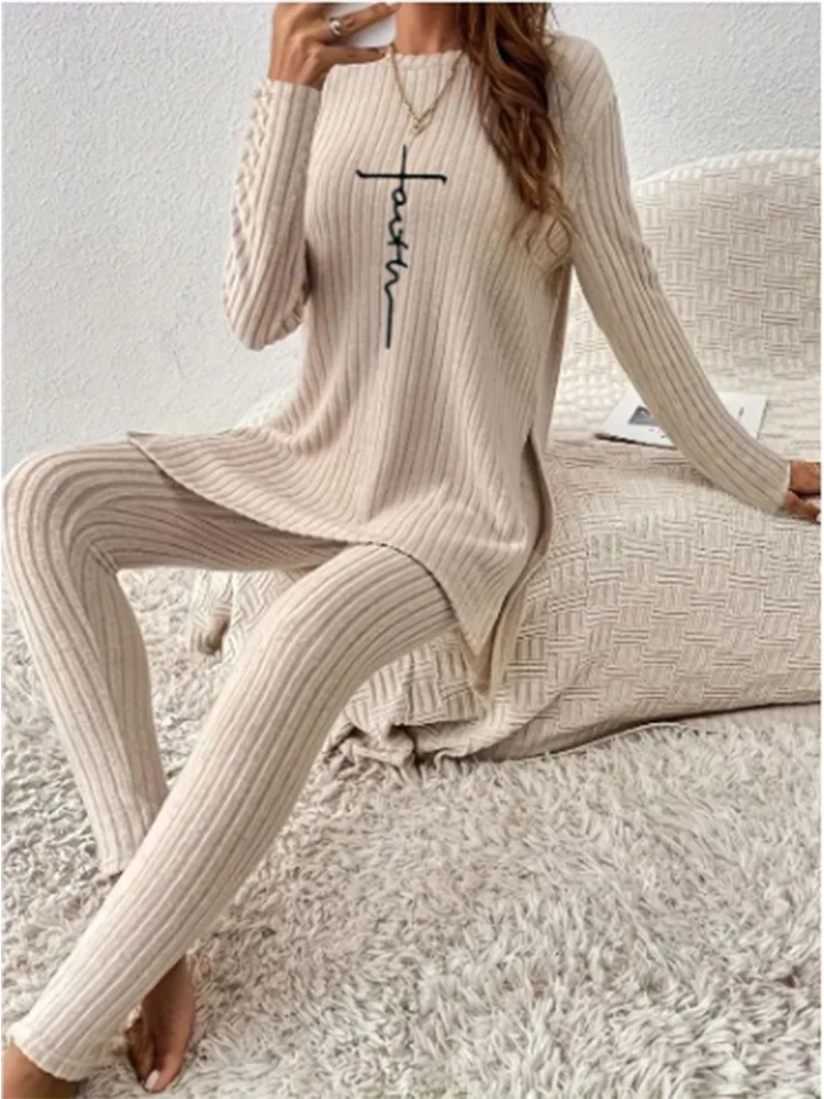 IMIEMIE Casual Solid Color Winter Knitted Suit Women Two-Piece Long Sleeve Split Top Slim Fit Pants Autumn Fashion Set