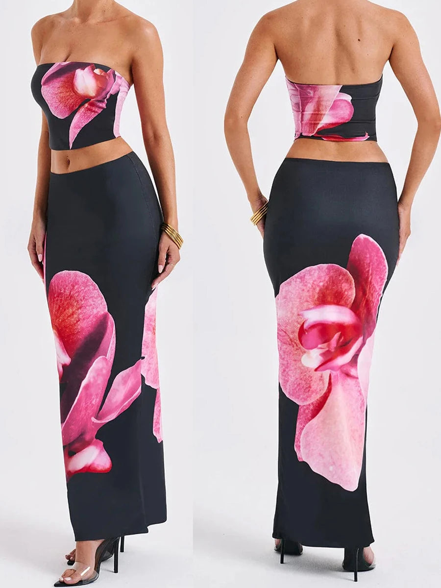 IMIEMIE Sexy Women 2 Piece Outfits Floral Print Tube Tops and Elastic Bodycon Long Skirt Set for Streetwear Aesthetic Clothes