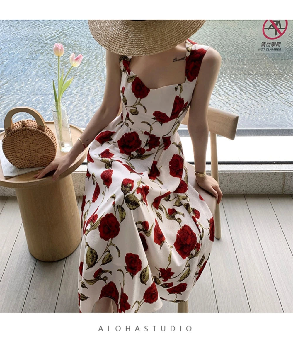 IMIEMIE French Seaside Holiday Romantic Rose Long Skirt Fairy Dress Thin Sleeveless Hanging Shoulder Floral Vest Skirt for Women