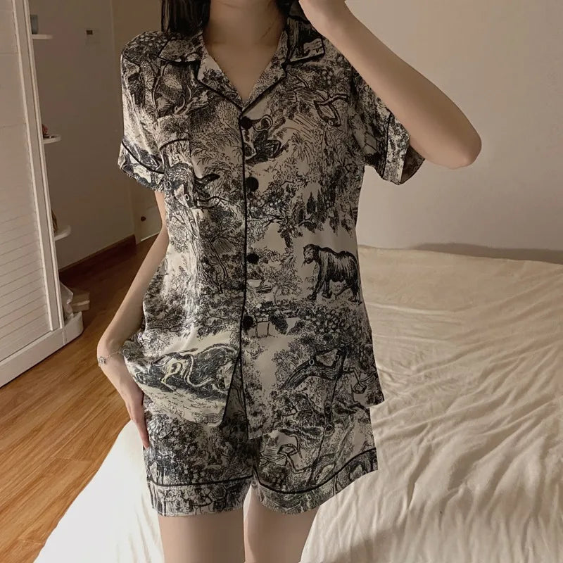 IMIEMIE Summer Women Pajamas Set V-neck Short Sleeve Sleepwear Printing Plus Size Nightwear Female Pyjamas