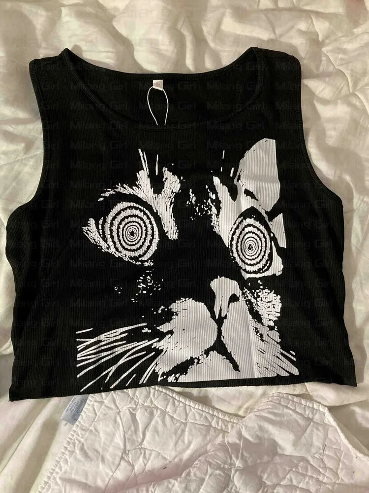 IMIEMIE E-girl Gothic Grunge Crop Tops Vintage Women Kawaii Cat Graphics Black Tops Retro lovely kitten Mini Vest Punk Style Emo Clothes