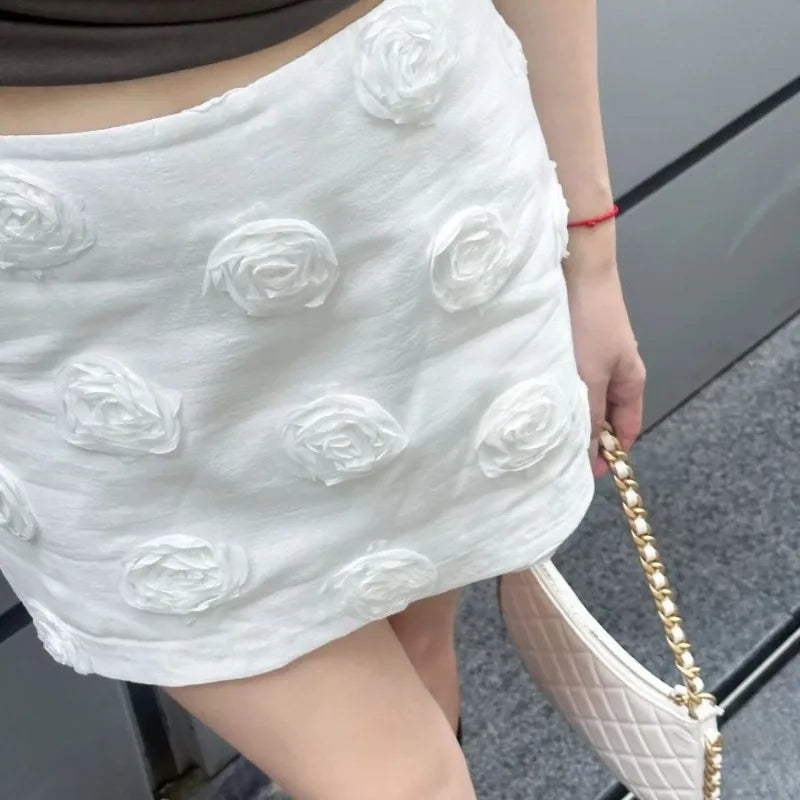 IMIEMIE 2024 Summer New Fashion Versatile Solid Color Skirt 3D Flower High Waist A-line Short Skirt