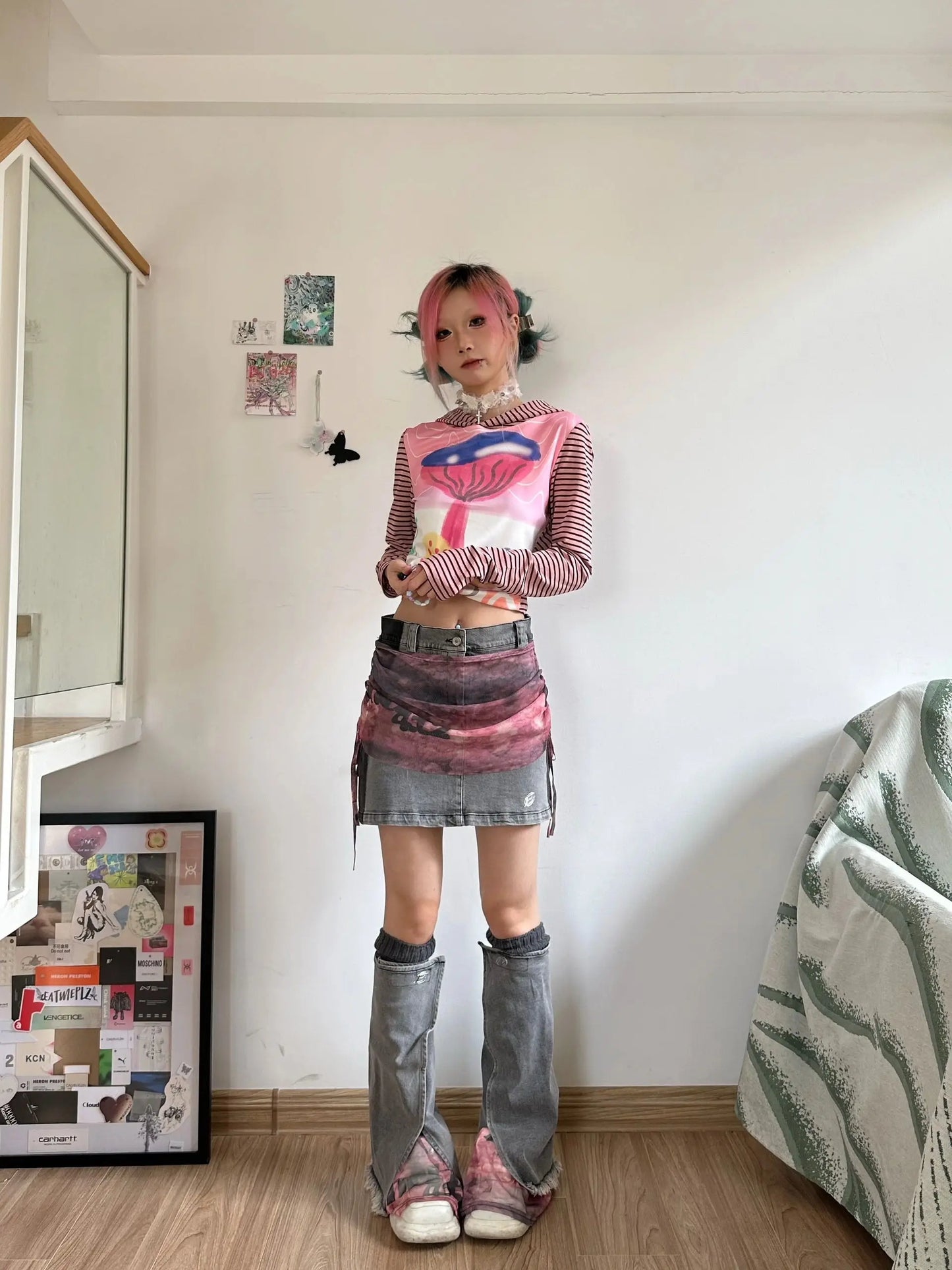 IMIEMIE Summer Women Harajuku Mini Denim Skirt Mesh Patchwork Gyaru Coquette 2000s Kpop Japanese Y2k Streetwear Korean Grunge Cyber Punk