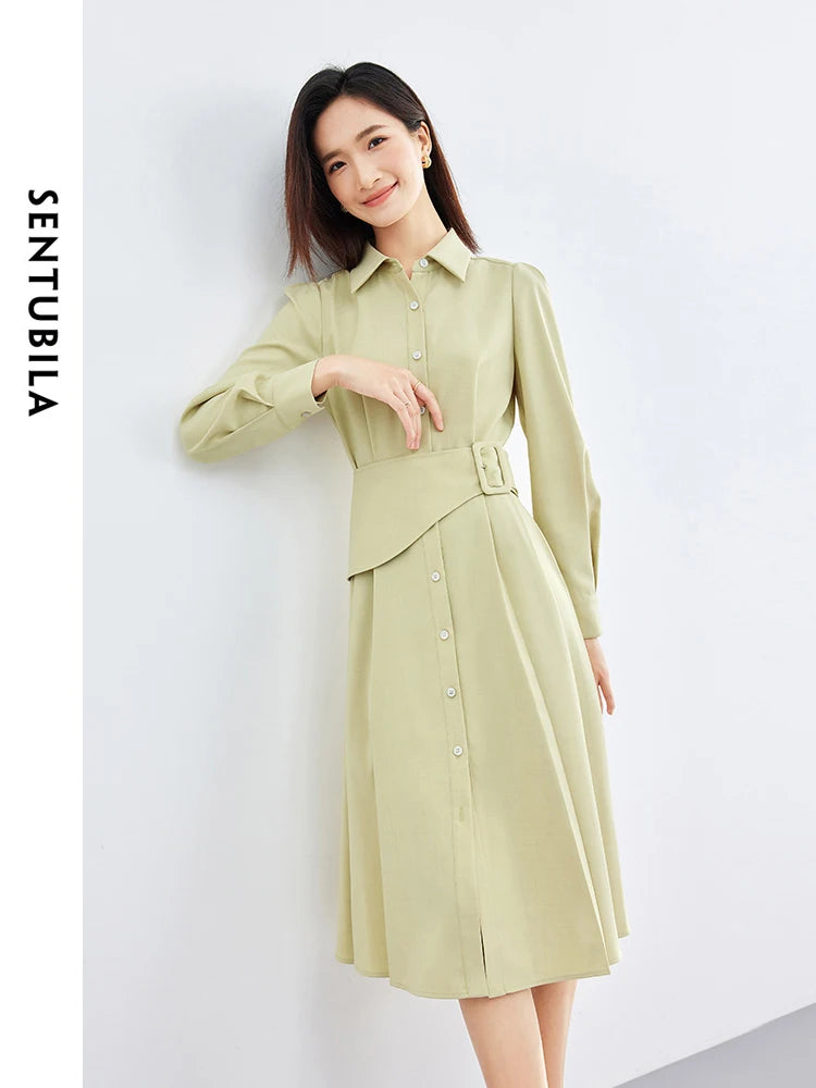 IMIEMIE SENTUBILA Polo Collar Light Green Shirt Dress 2024 Spring Solid Single Breasted Belt A-line Long Sleeve Midi Dresses 141L52935