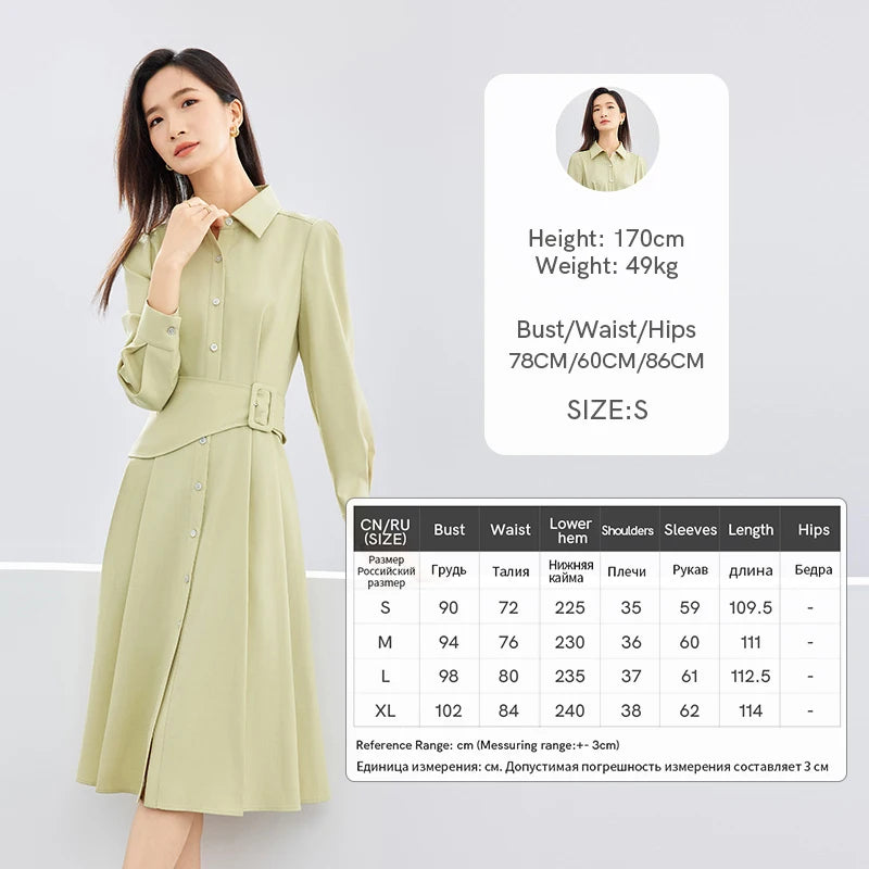 IMIEMIE SENTUBILA Polo Collar Light Green Shirt Dress 2024 Spring Solid Single Breasted Belt A-line Long Sleeve Midi Dresses 141L52935