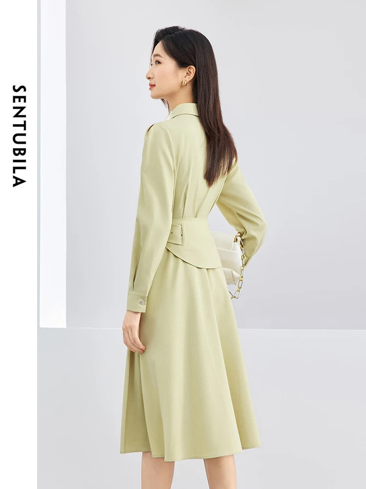 IMIEMIE SENTUBILA Polo Collar Light Green Shirt Dress 2024 Spring Solid Single Breasted Belt A-line Long Sleeve Midi Dresses 141L52935