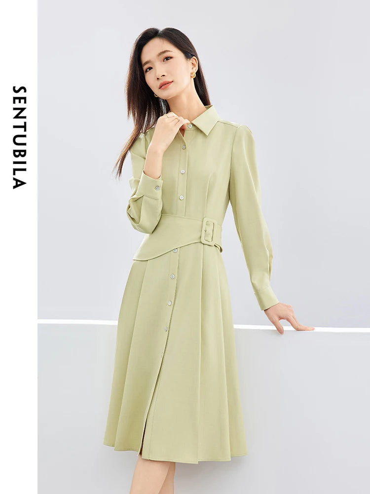 IMIEMIE SENTUBILA Polo Collar Light Green Shirt Dress 2024 Spring Solid Single Breasted Belt A-line Long Sleeve Midi Dresses 141L52935