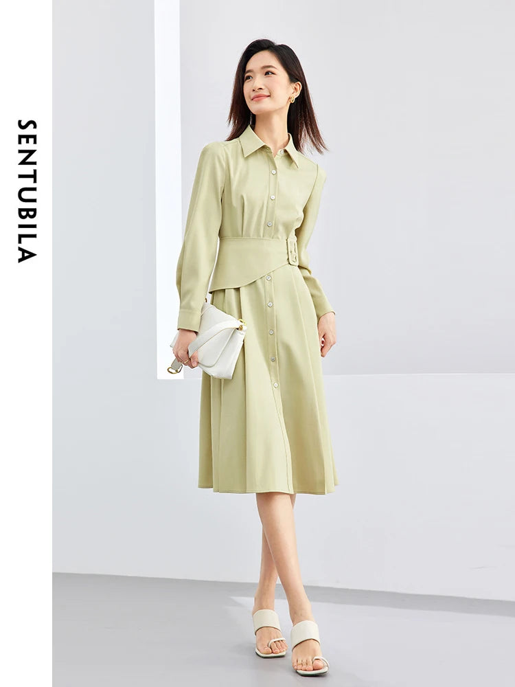 IMIEMIE SENTUBILA Polo Collar Light Green Shirt Dress 2024 Spring Solid Single Breasted Belt A-line Long Sleeve Midi Dresses 141L52935