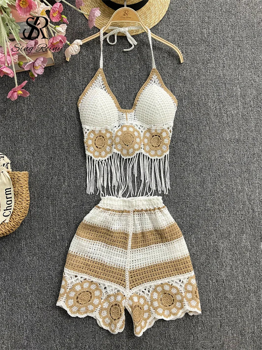 IMIEMIE SINGREINY 2024 Summer Sexy Beach Suits Fashion Halter Tassel Tank Top+Elastic Wide Legs Shorts Hollow Out Casual Two Pieces Set