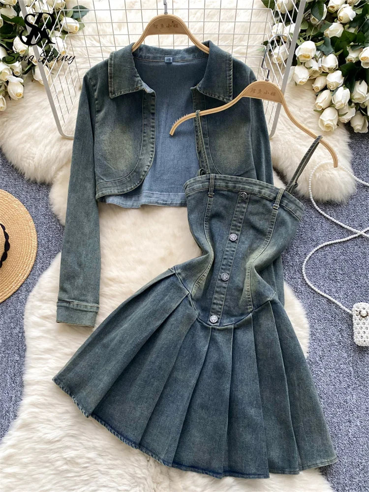 IMIEMIE SINGREINY American Retro Denim Suits Female Long Sleeve Cardigan+Spaghetti Strap Zipper Buttons Hotsweet Dress Preppy Style Sets