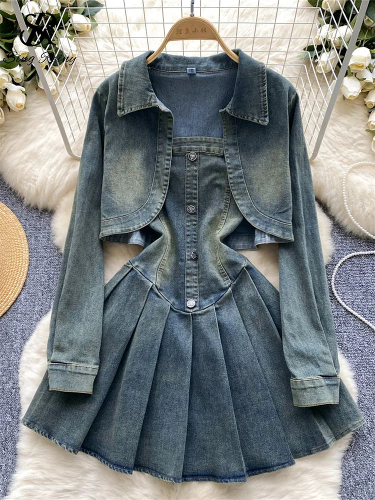 IMIEMIE SINGREINY American Retro Denim Suits Female Long Sleeve Cardigan+Spaghetti Strap Zipper Buttons Hotsweet Dress Preppy Style Sets