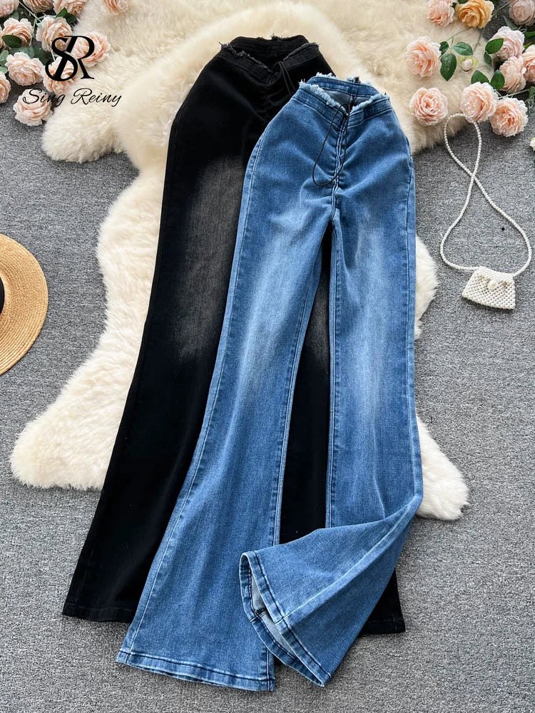 IMIEMIE SINGREINY American Retro Women Long Jeans Drawstring Zipper Design Flare Britches Streetwear Vintage Hotsweet Ins Denim Pants