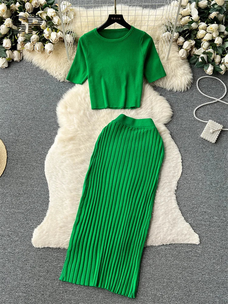 IMIEMIE SINGREINY Casual Two Piece Sets Women Summer O Neck Top Elastic Waist Long Skirt Fashion Office Lady Korean Knit Suit