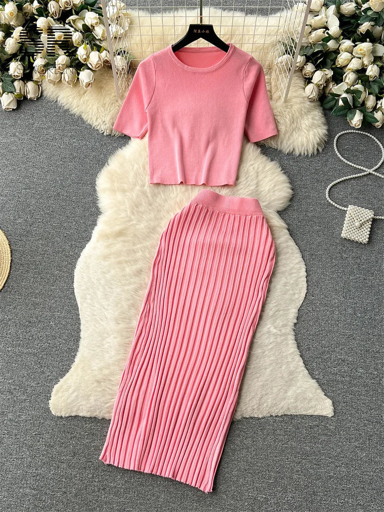 IMIEMIE SINGREINY Casual Two Piece Sets Women Summer O Neck Top Elastic Waist Long Skirt Fashion Office Lady Korean Knit Suit