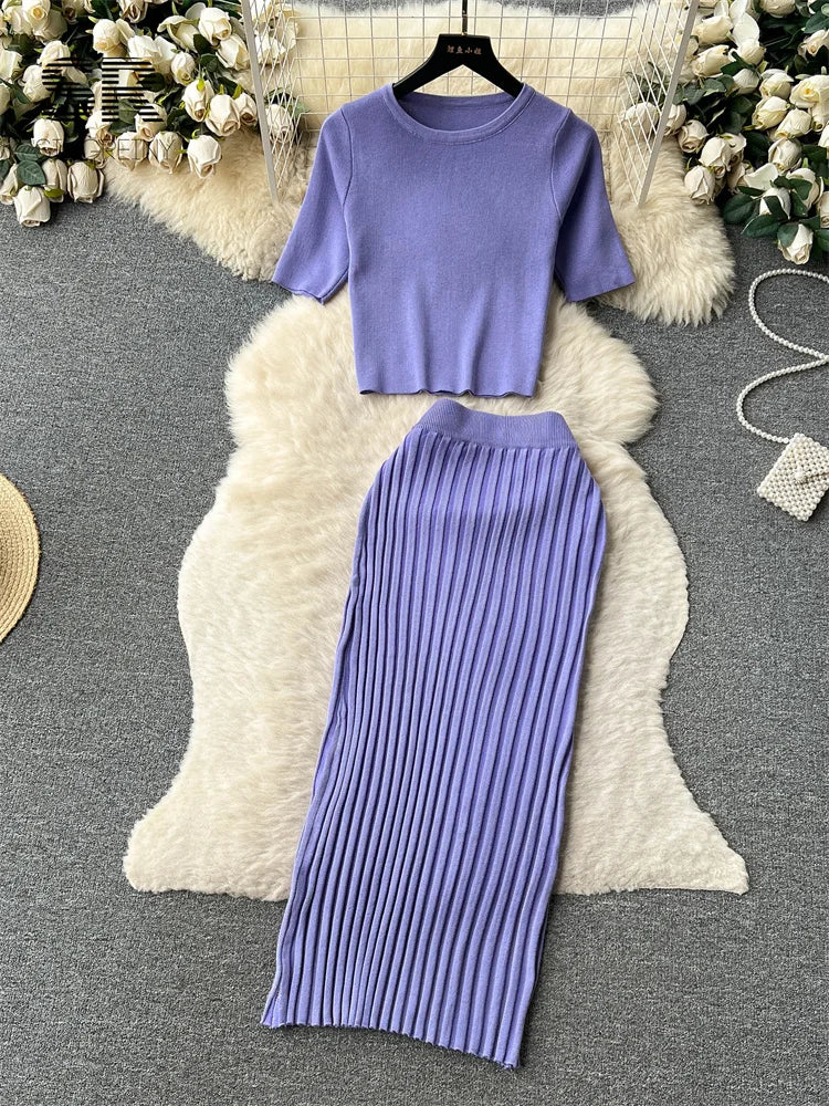 IMIEMIE SINGREINY Casual Two Piece Sets Women Summer O Neck Top Elastic Waist Long Skirt Fashion Office Lady Korean Knit Suit