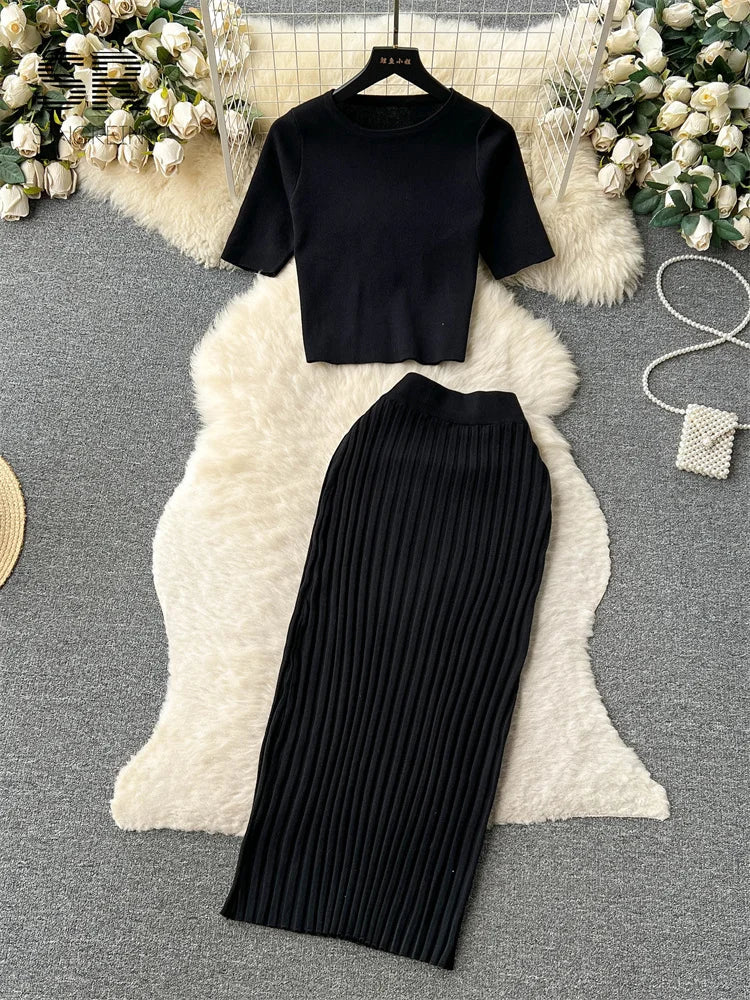 IMIEMIE SINGREINY Casual Two Piece Sets Women Summer O Neck Top Elastic Waist Long Skirt Fashion Office Lady Korean Knit Suit