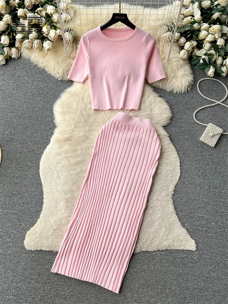 IMIEMIE SINGREINY Casual Two Piece Sets Women Summer O Neck Top Elastic Waist Long Skirt Fashion Office Lady Korean Knit Suit