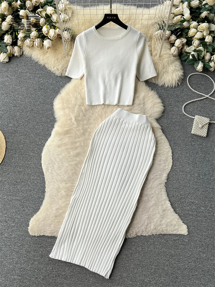 IMIEMIE SINGREINY Casual Two Piece Sets Women Summer O Neck Top Elastic Waist Long Skirt Fashion Office Lady Korean Knit Suit