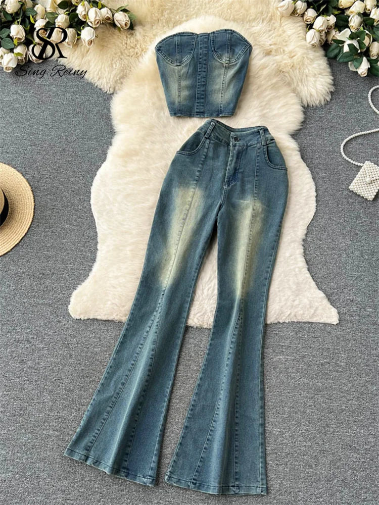 IMIEMIE SINGREINY Fashion Streetwear Denim Two Pieces Sets Women Strapless Top+Wide Legs Long Jeans Summer American Retro Sexy Suits